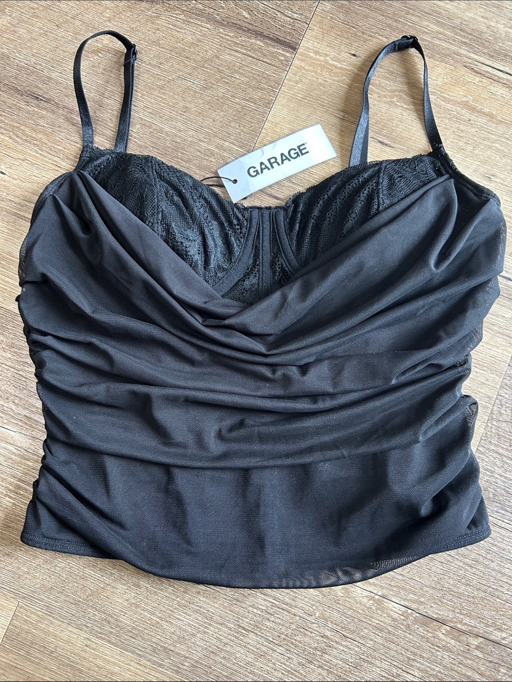 Garage Black Lace-Trim Draped bustier